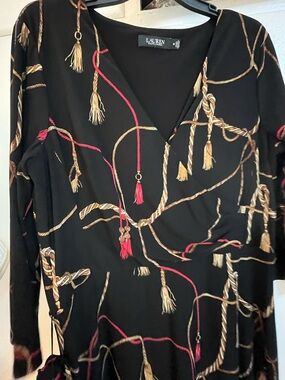 Ralph Lauren Black Wrap Dress with Rope & Tassel Print